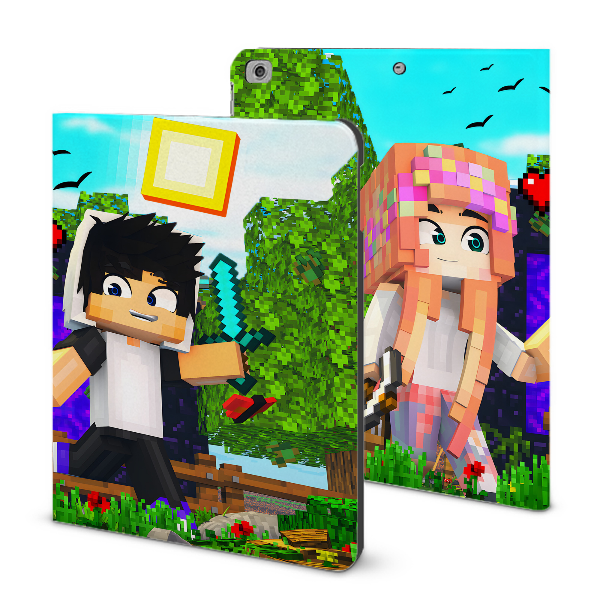 （画像用） マインクラフト ブロックの世界 Minecraft MC Block world IPad ケース ブック型 PUレザー TPU 耐衝撃 軽量 薄型 ペン収納なし 全面保護 IPad 各モデル対応